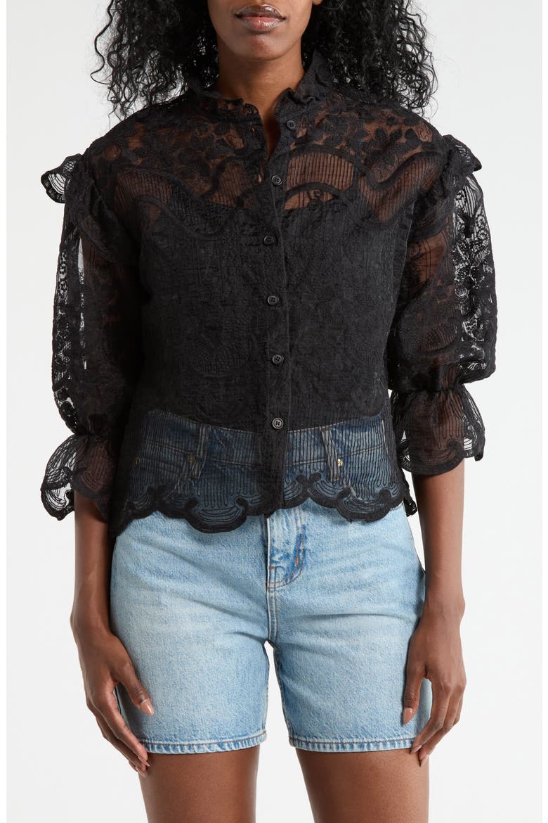 Victorian Lace Button-Up Shirt, Main, color, BLACK