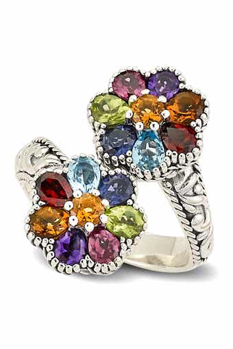Sterling Silver Multistone Flower Bypass Ring