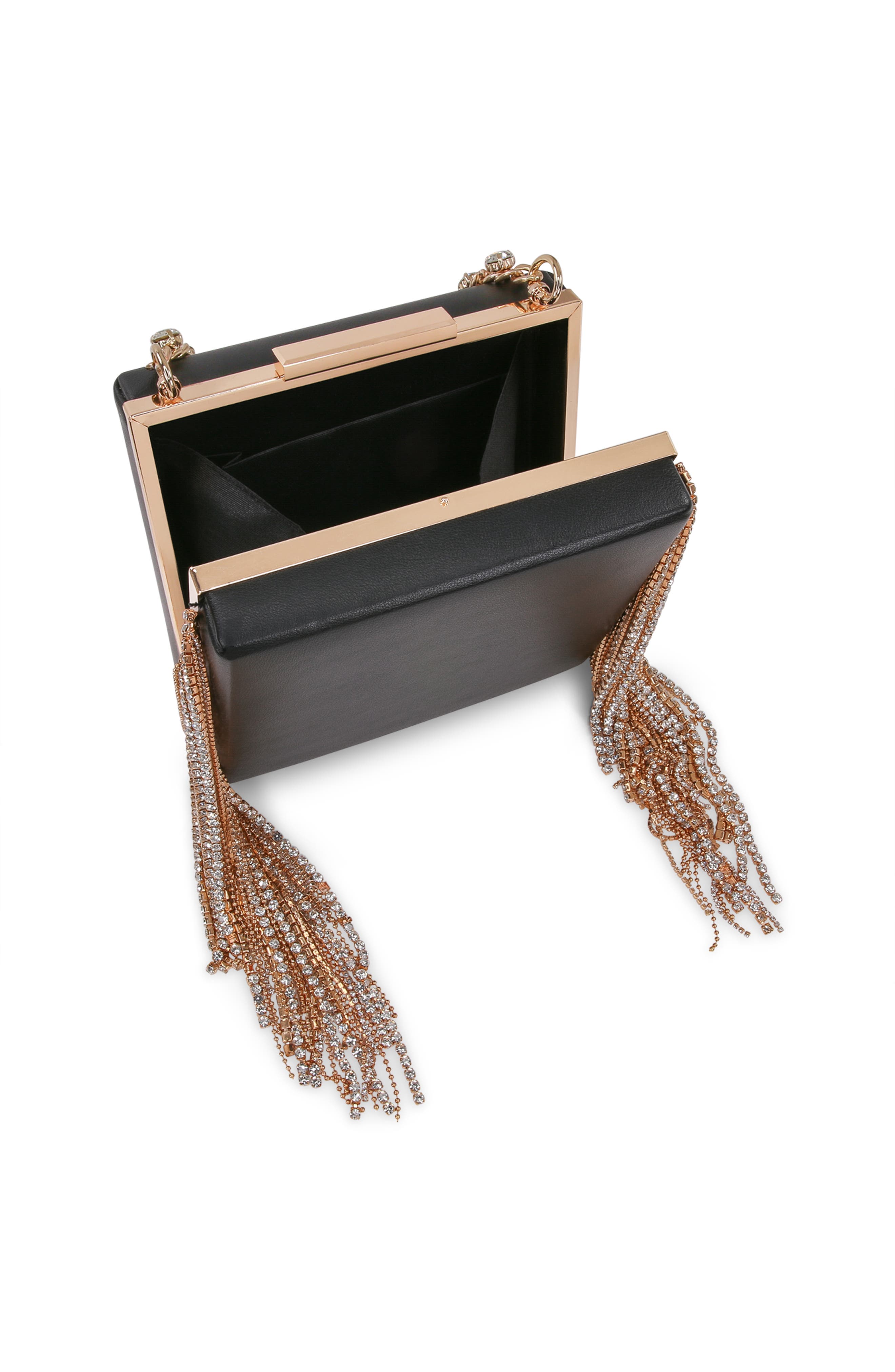 Jewel Badgley Mischka Ryker Leather Crystal Fringed Box Clutch, Alternate, color, Black