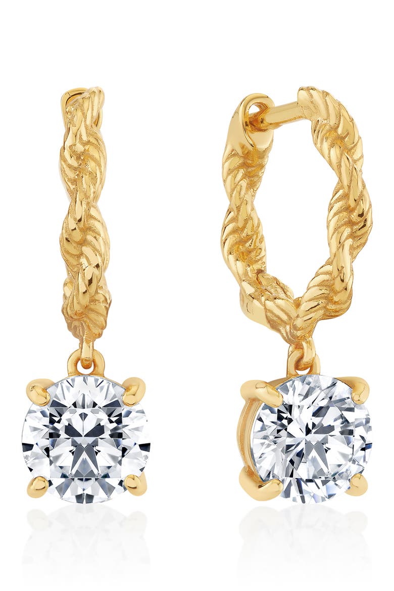 Brilliant Cut Cubic Zirconia Drop Twisted Huggie Hoop Earrings, Main, color, 18KT YELLOW GOLD / CLEAR STONE