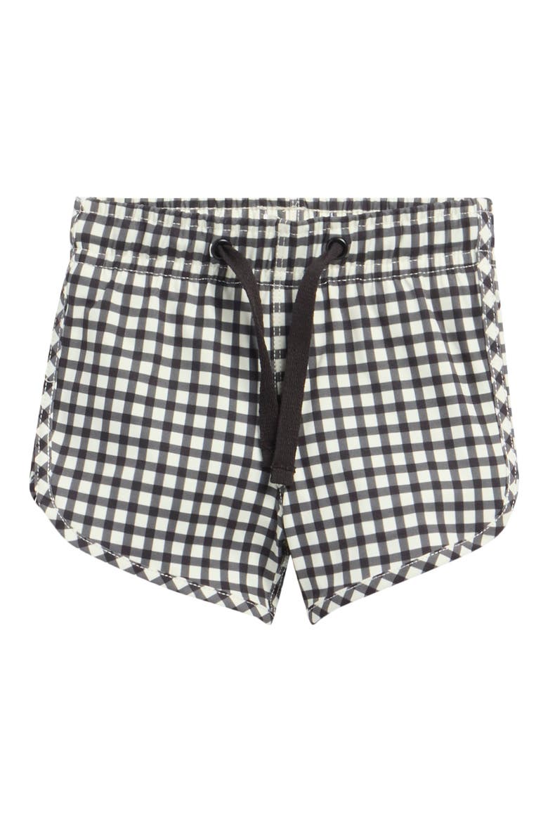 Palm Print Swim Trunks, Main, color, BLACK GINGHAM