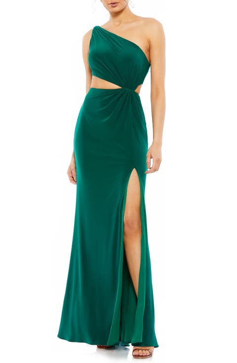 One-Shoulder Jersey Gown with Side Cutouts & Thigh-High Slit