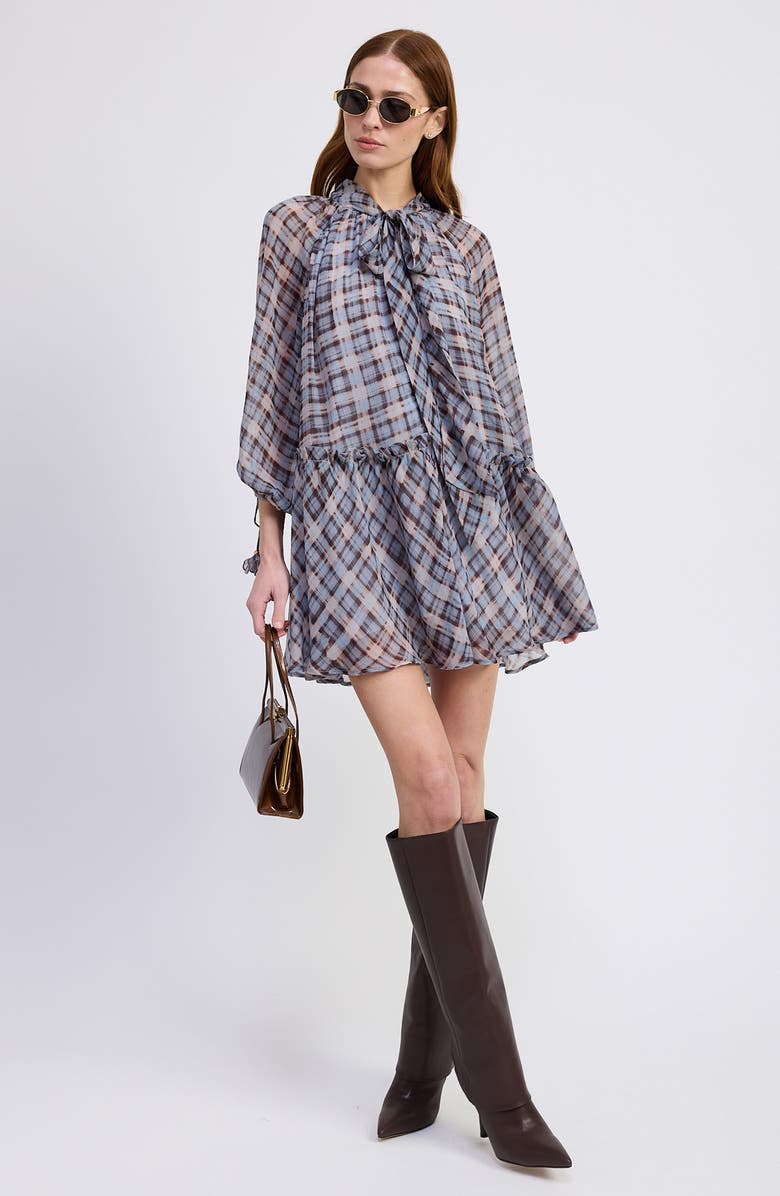 En Saison Briar Plaid Long Sleeve Minidress, Alternate, color, Dusty Blue Brown