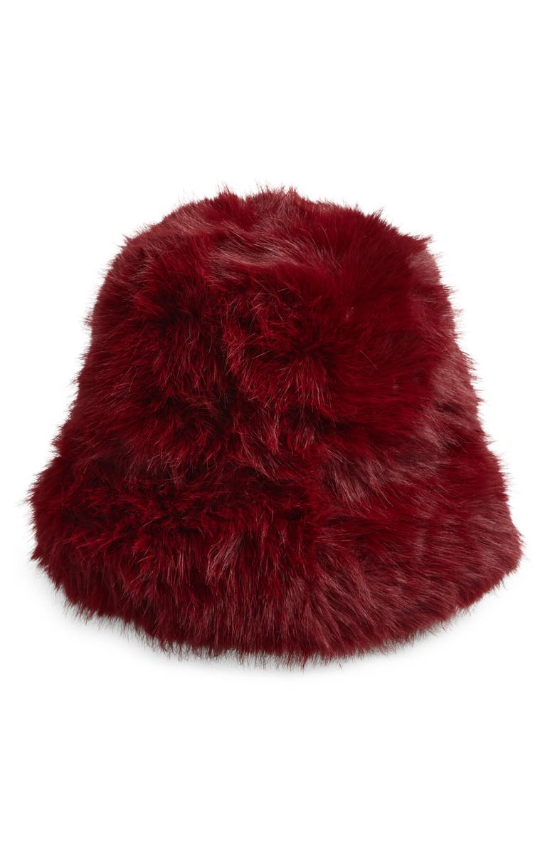 Tasha Extra Fluffy Faux Fur Bucket Hat, Main, color, Burgundy