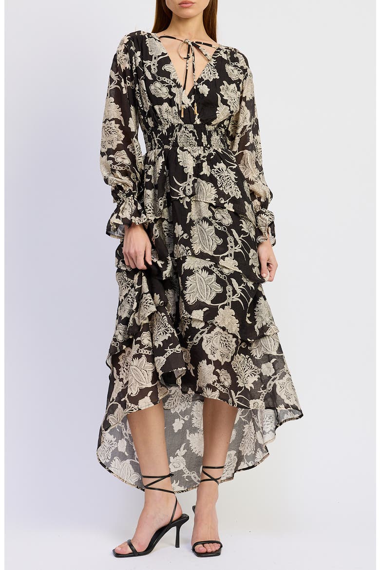 Elisabet Ruffle Long Sleeve High-Low Maxi Dress, Main, color, BLACK/ IVORY