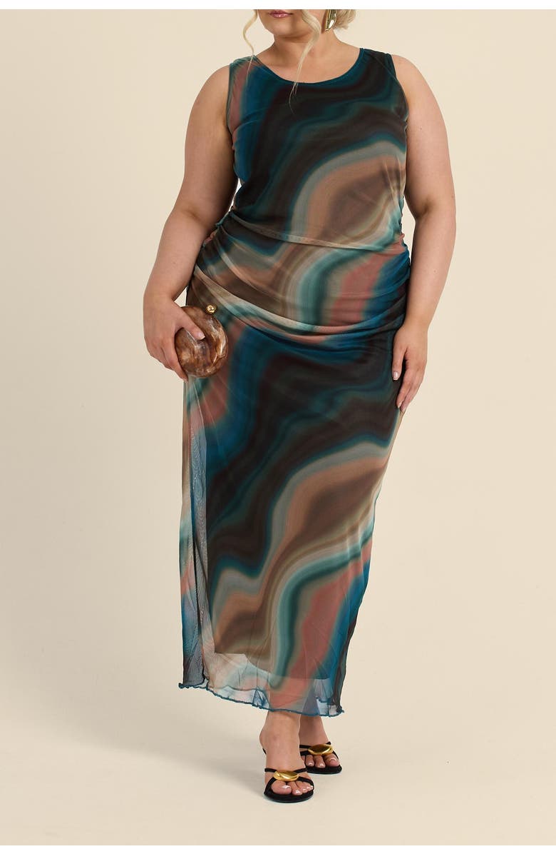 FASHION-SZN CURVE Sleeveless Mesh Swirl Print Midaxi Dress, Alternate, color, Brown