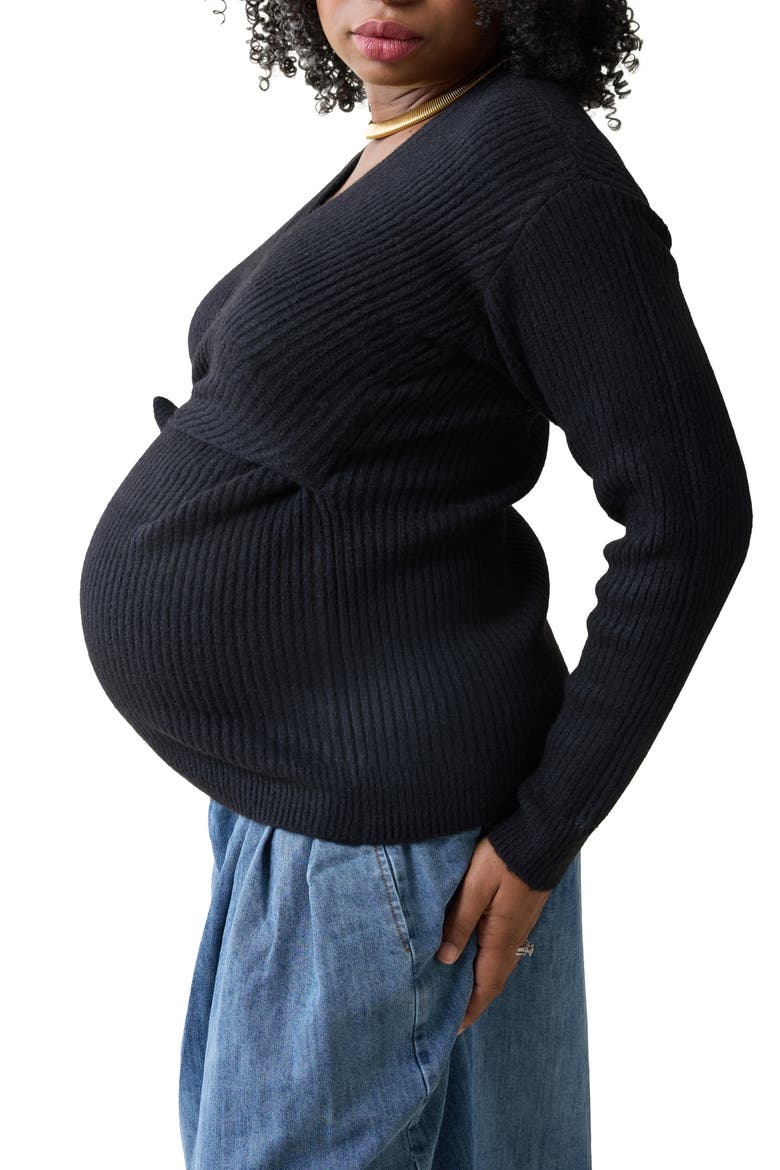 Rib Maternity/Nursing Wrap Sweater, Alternate, color, BLACK