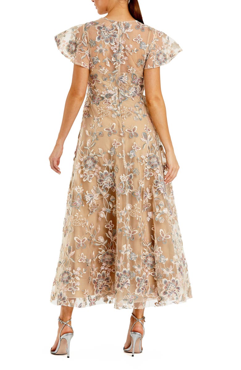 Mac Duggal Women's Embroidered Floral Mesh A-Line Midi Dress, Alternate, color, Nude