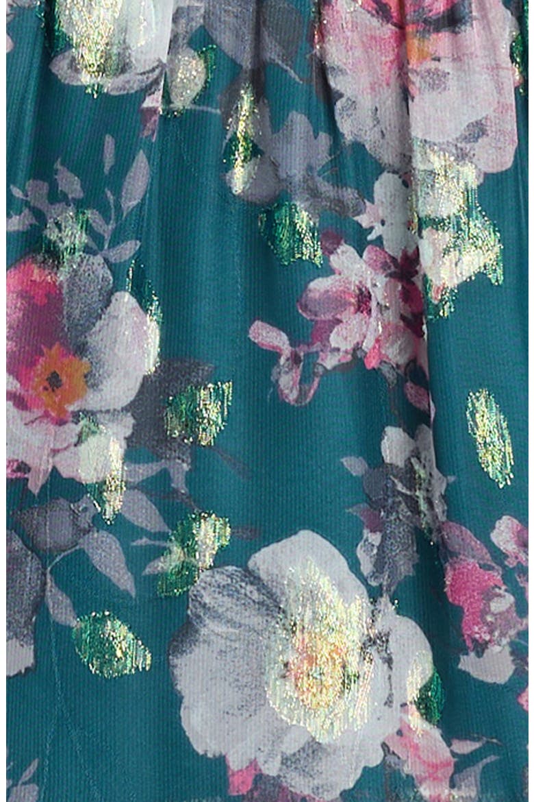 Kids' Metallic Floral Tiered Long Sleeve Babydoll Dress, Alternate, color, TEAL MULTI