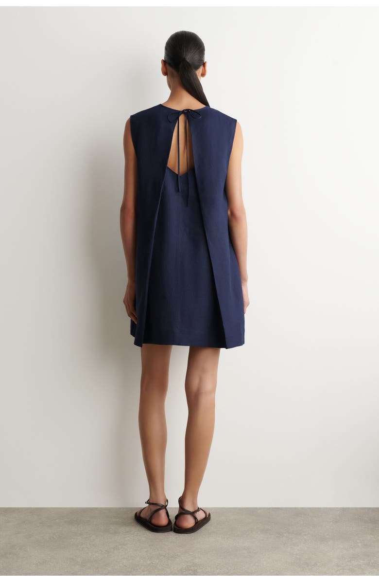 COS V-neck Open-back Linen Mini Dress, Alternate, color, Navy