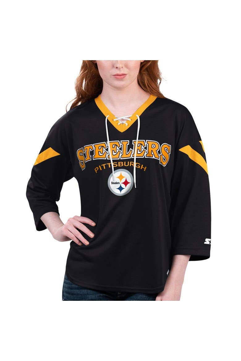 Women's Starter Black Pittsburgh Steelers Rally Lace-Up 3/4 Sleeve T-Shirt, Main, color, Black
