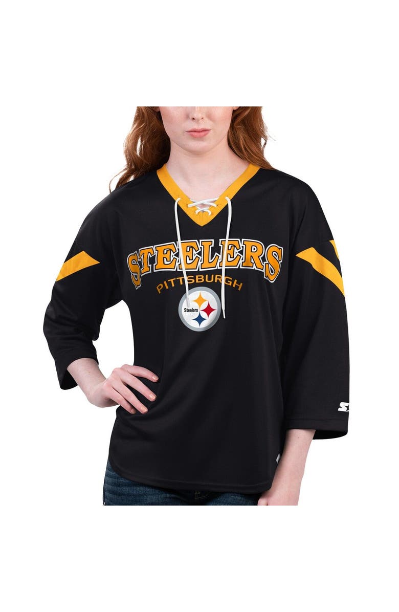 STARTER Women's Starter Black Pittsburgh Steelers Rally Lace-Up 3/4 Sleeve T-Shirt, Main, color, Black