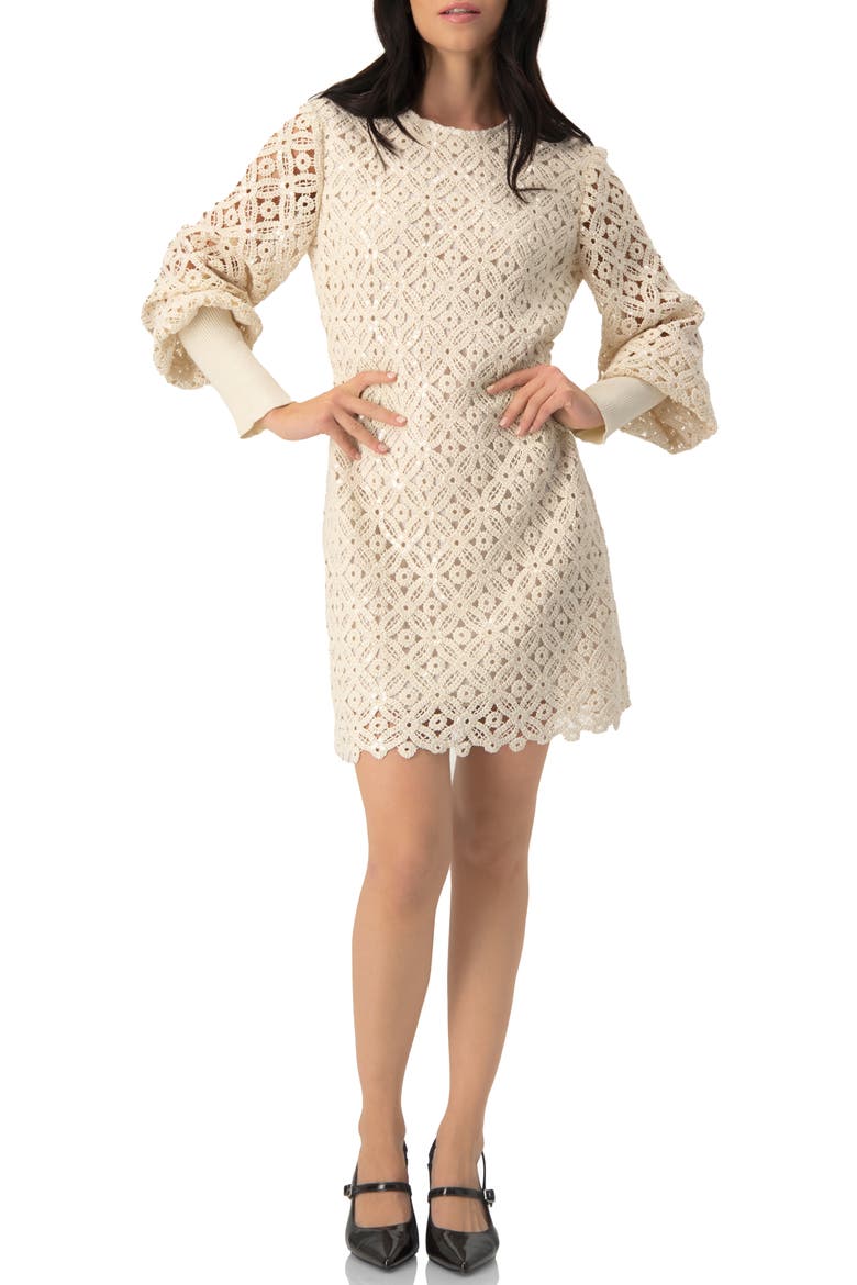 Embroidered Crochet Mini Dress with Sequin Detailing, Alternate, color, Natural