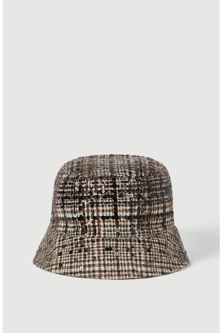 Water-resistant checked alpaca and wool bucket hat with dazzling degradé embroidery, Main, color, Brown