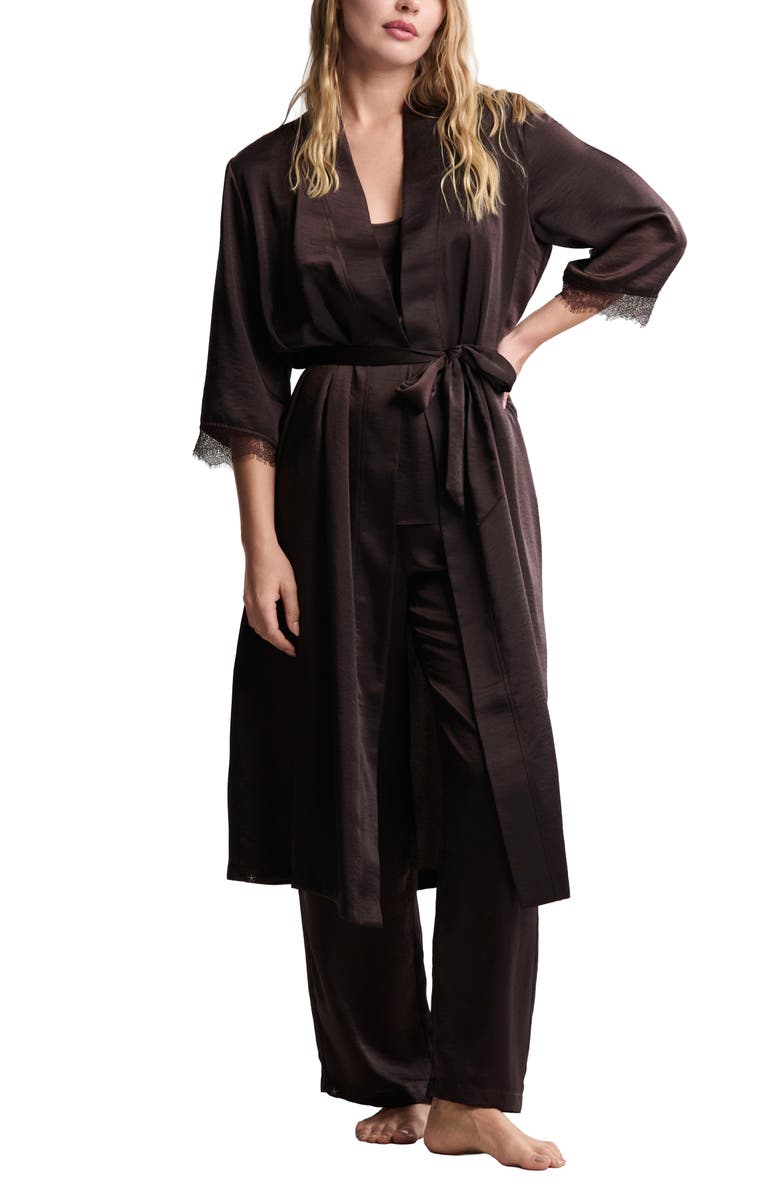 Barefoot Dreams<sup>®</sup> Liquid Lace Trim Satin Robe, Main, color, Umber