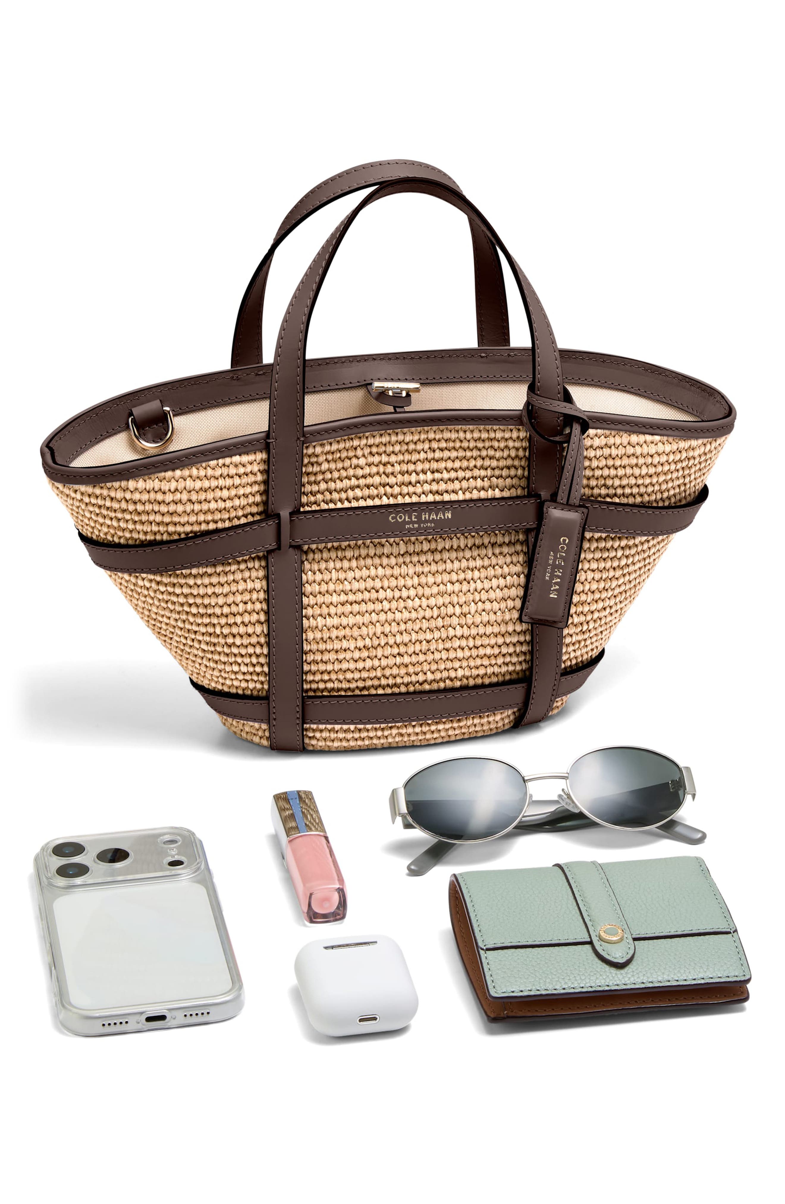 Cole Haan Key West Crossbody Tote, Alternate, color, Natural Raffia/ Dk. Chocolate