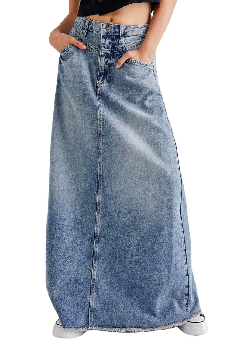 Come As You Are Fray Hem Denim Maxi Skirt, Main, color, MEDIUM INDIGO