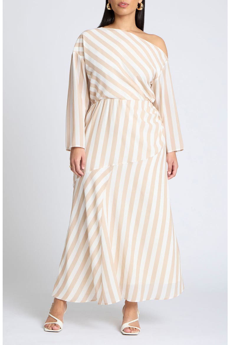 Stripe One-Shoulder Long Sleeve Dress, Main, color, BEIGE CREAM STRIPE