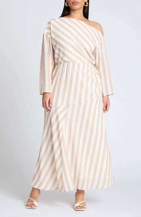 Stripe One-Shoulder Long Sleeve Dress