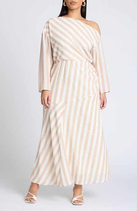 Stripe One-Shoulder Long Sleeve Dress