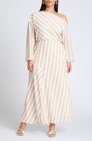 ELOQUII Stripe One-Shoulder Long Sleeve Dress