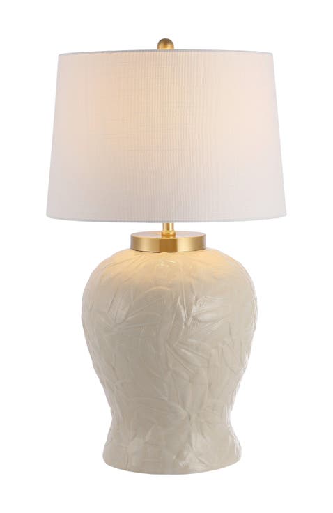 Regency Palm Leaf 31.5" Ceramic/Metal Bohemian Cottage LED Table Lamp, Cream