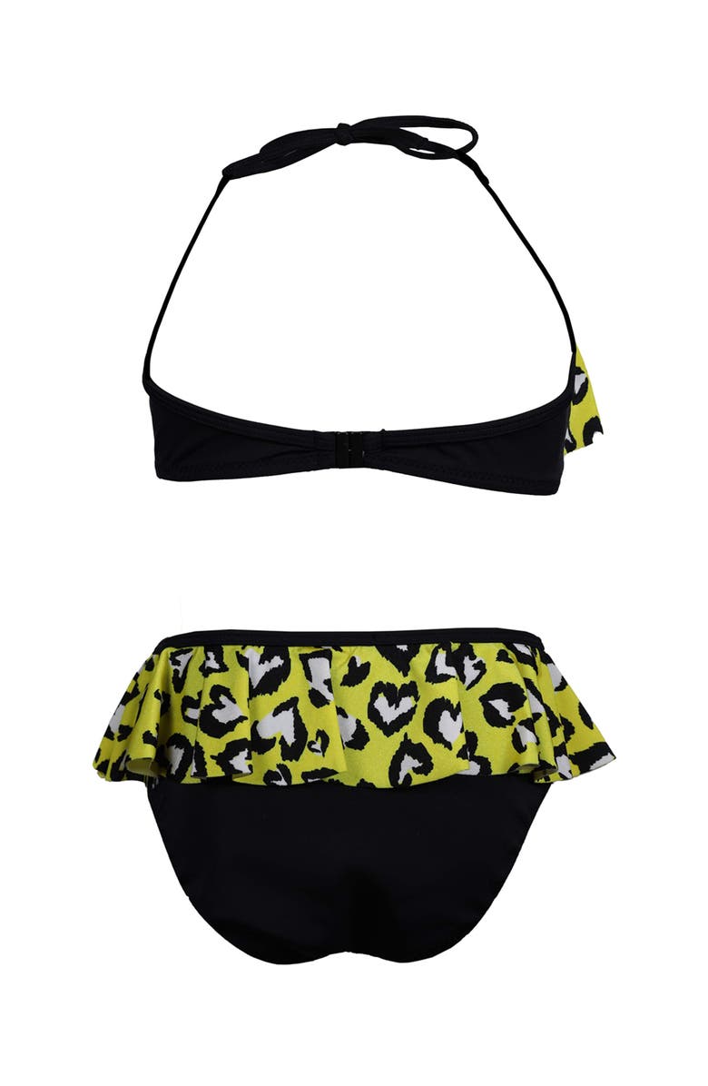 NESSI BYRD Kids' Playful Heart Print Ruffled Two Piece Bikini, Alternate, color, Black-Yellow