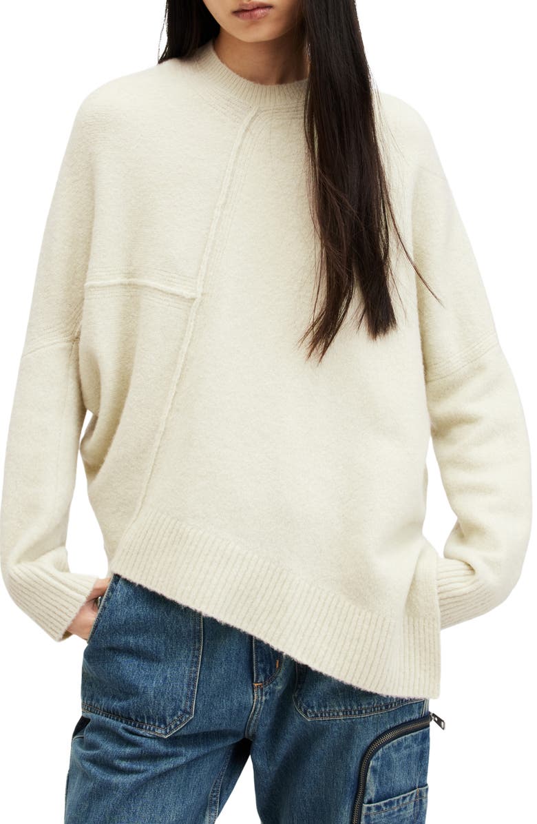 AllSaints Lock Asymmetric Hem Crewneck Sweater, Main, color, Muted Green