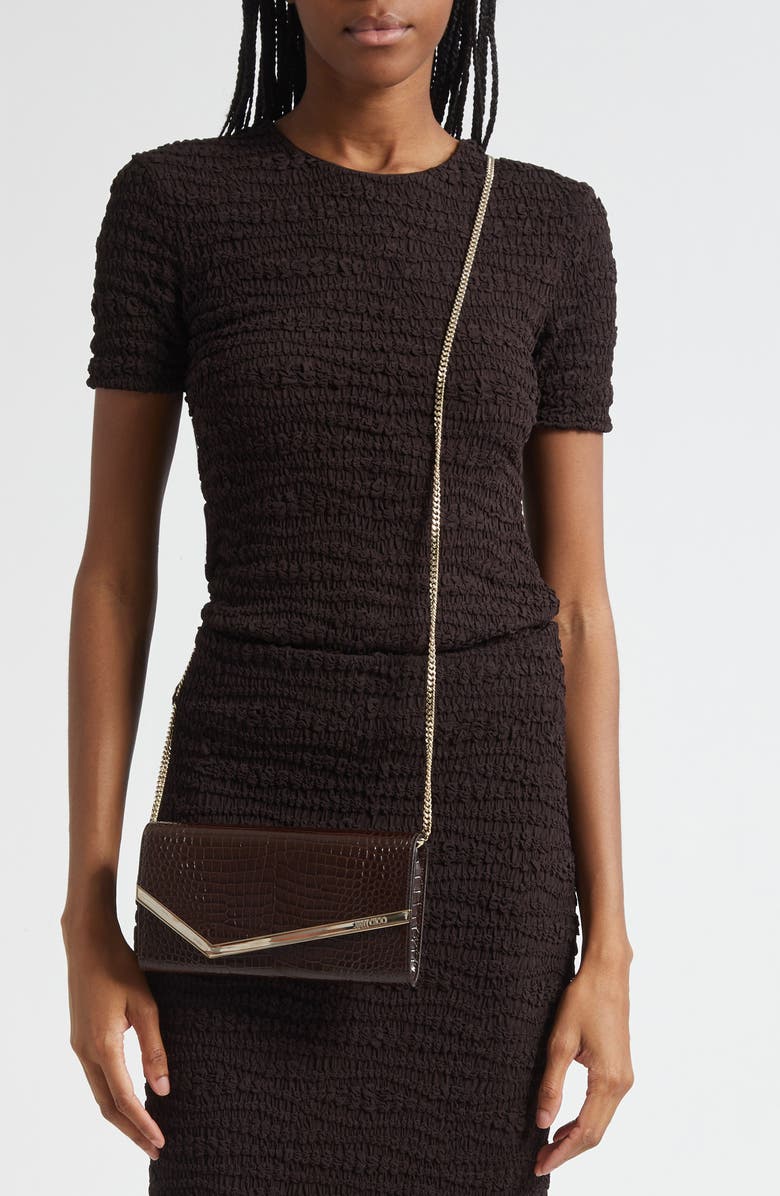 Jimmy Choo Emmie Croc Embossed Leather Clutch, Alternate, color, Chocolate/ Light Gold