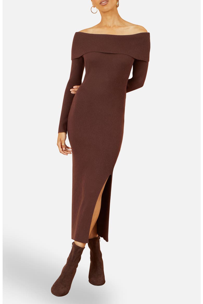 Bardot Knitted Fitted Midi Dress, Alternate, color, Brown