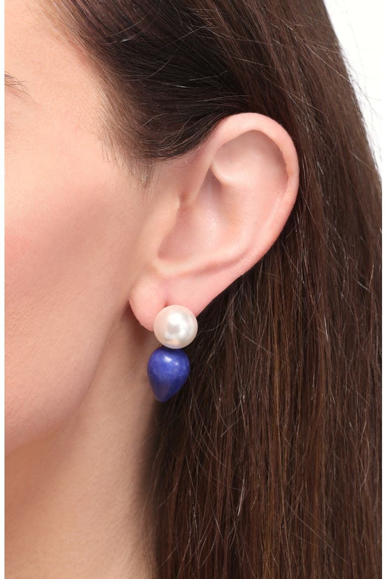 Lapis Stone & Faux Freshwater Pearl Double Drop Earrings, Alternate, color, LAPIS