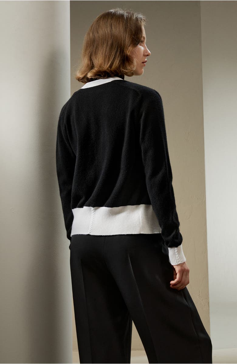 Lilysilk Gemini Cashmere Cardigan with Contrasting Hem, Alternate, color, Black