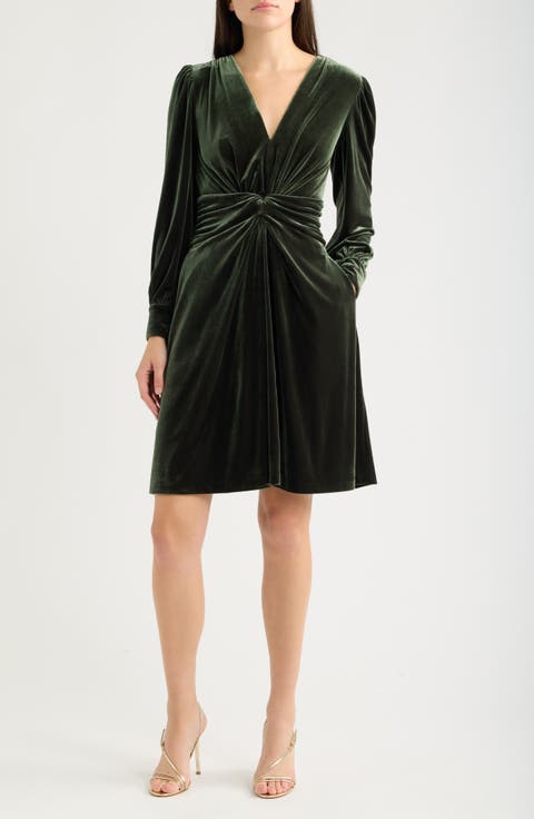 Twist Front Long Sleeve Velvet Dress