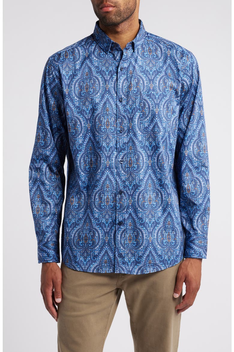 Medallion Print Oversize Button-Up Shirt, Main, color, NAVY