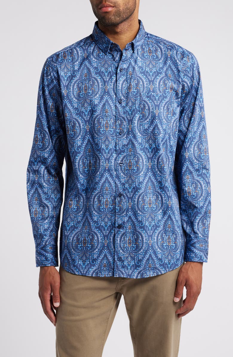 Johnston & Murphy Medallion Print Oversize Button-Up Shirt, Main, color, 