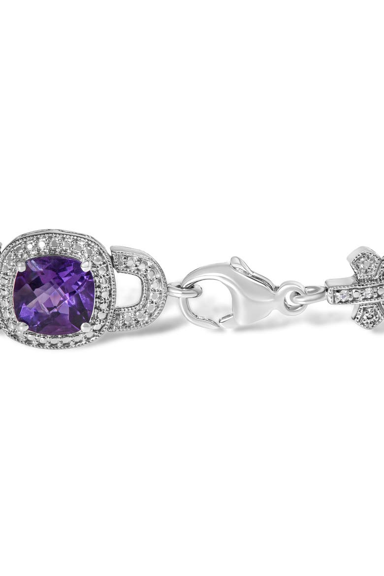 Silver Cushion-Cut Purple Amethyst & Diamond Vintage Halo Link Bracelet, Alternate, color, White