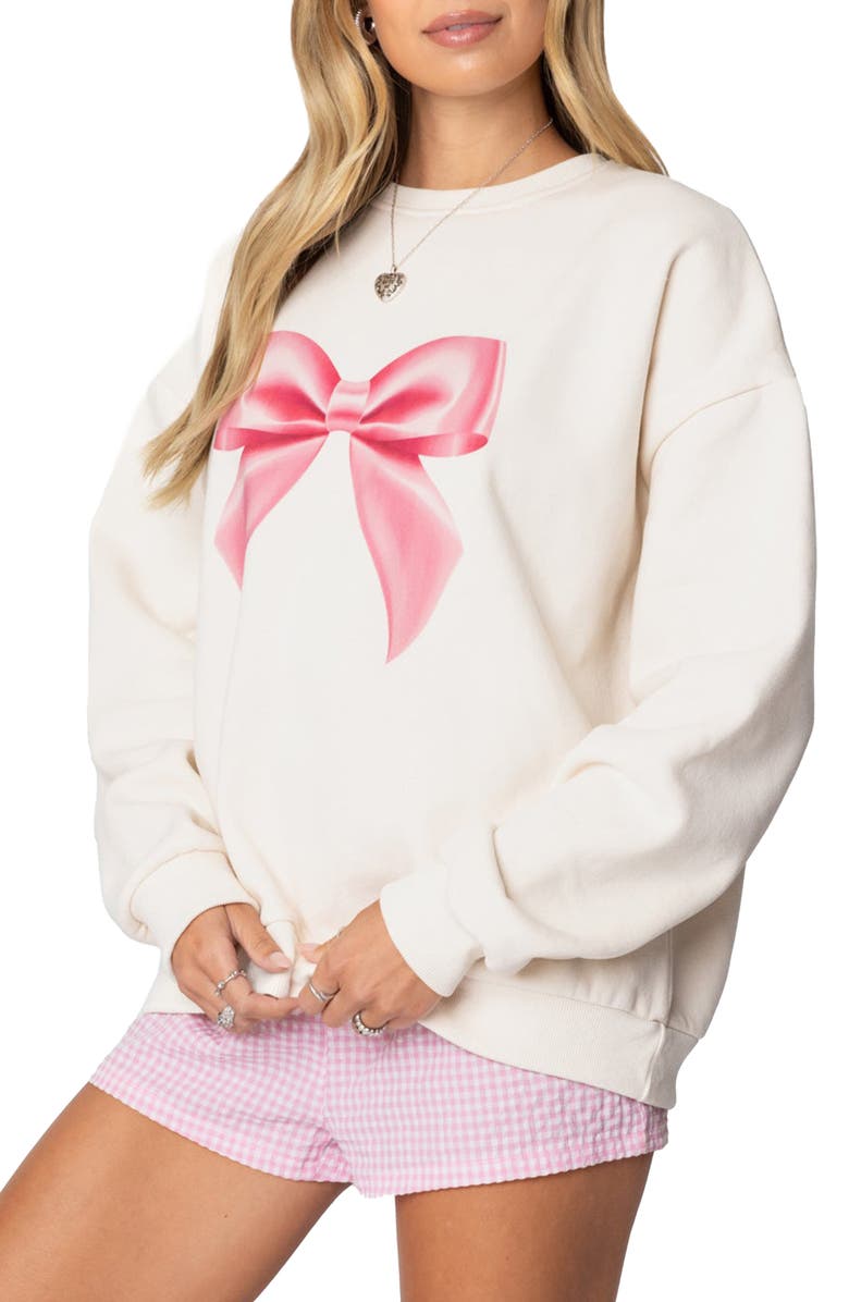 EDIKTED Bow Graphic Sweatshirt, Alternate, color, Cream