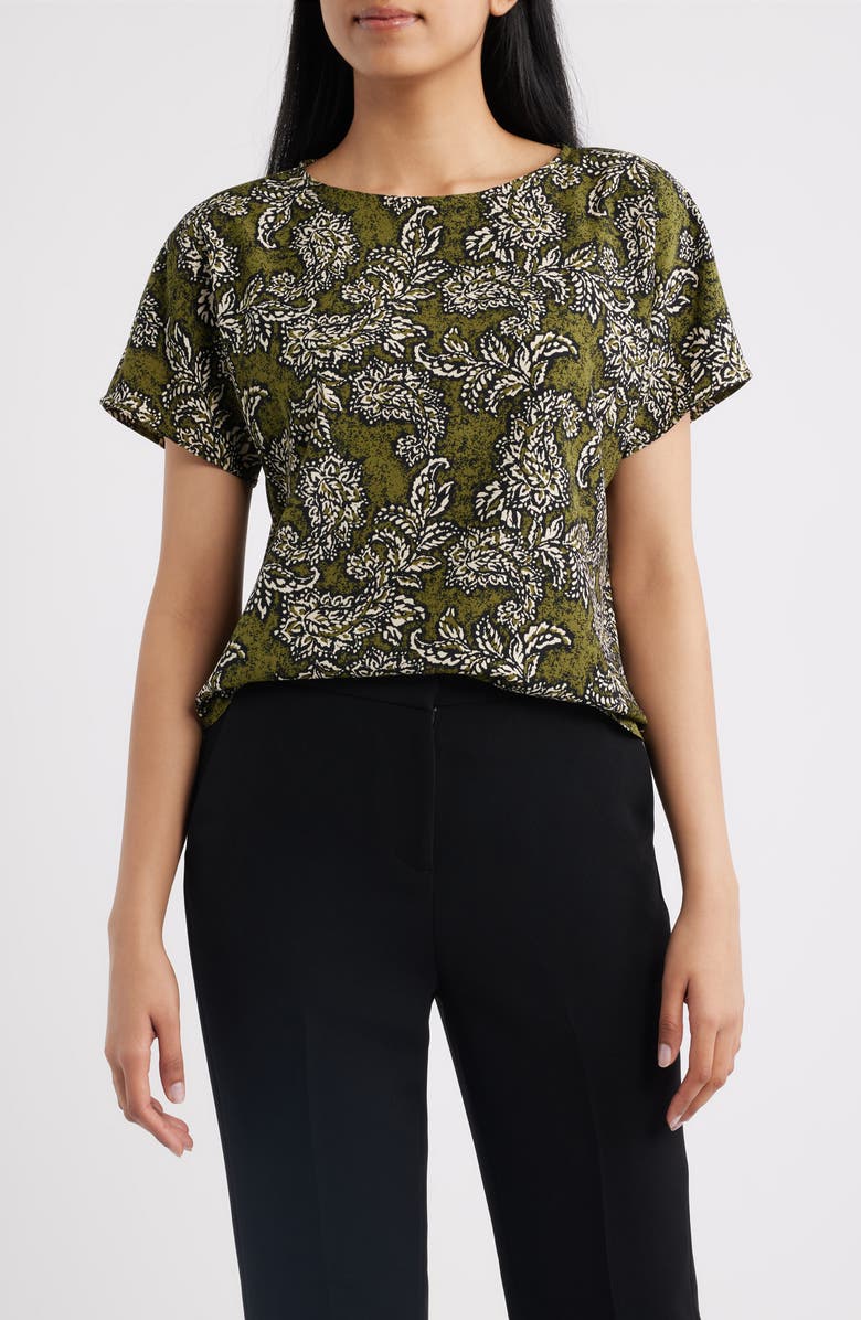 Anne Klein Paisley Print Short Sleeve Top, Main, color, Bay Leaf Multi