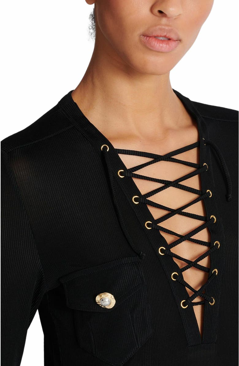 Balmain Long-Sleeved Lace-Up Top, Alternate, color, Black