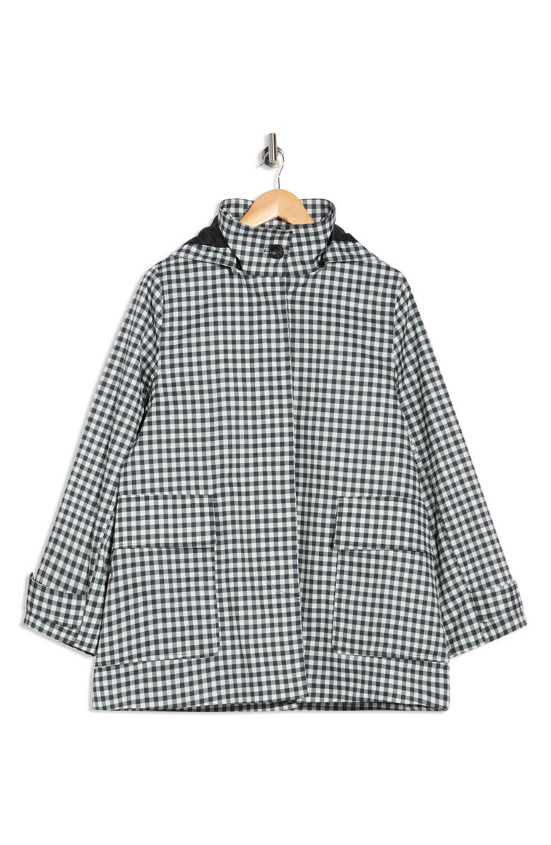 Bernardo Gingham Hooded Raincoat, Alternate, color, Black/White