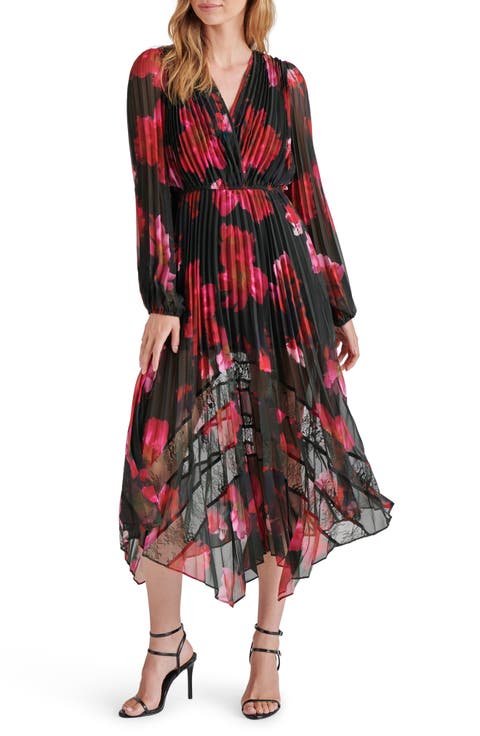 Ari Floral Pleated Long Sleeve Chiffon & Lace Dress