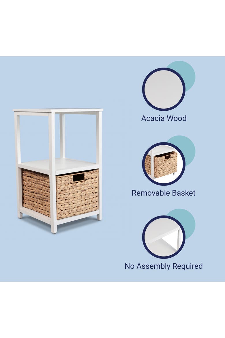 Cohen Coastal Bohemian Handcrafted Acacia Wood 2-Tier Storage Cabinet with 1 Water Hyacinth Woven Basket, Alternate, color, White