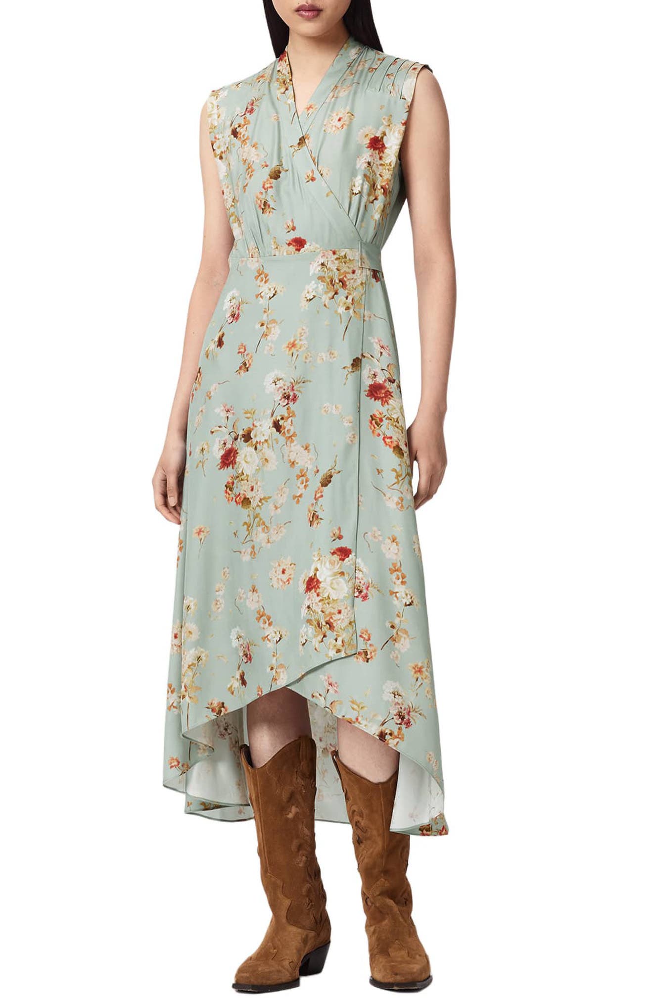 AllSaints Mira Floral Silk Blend Faux Wrap Midi Dress (Women