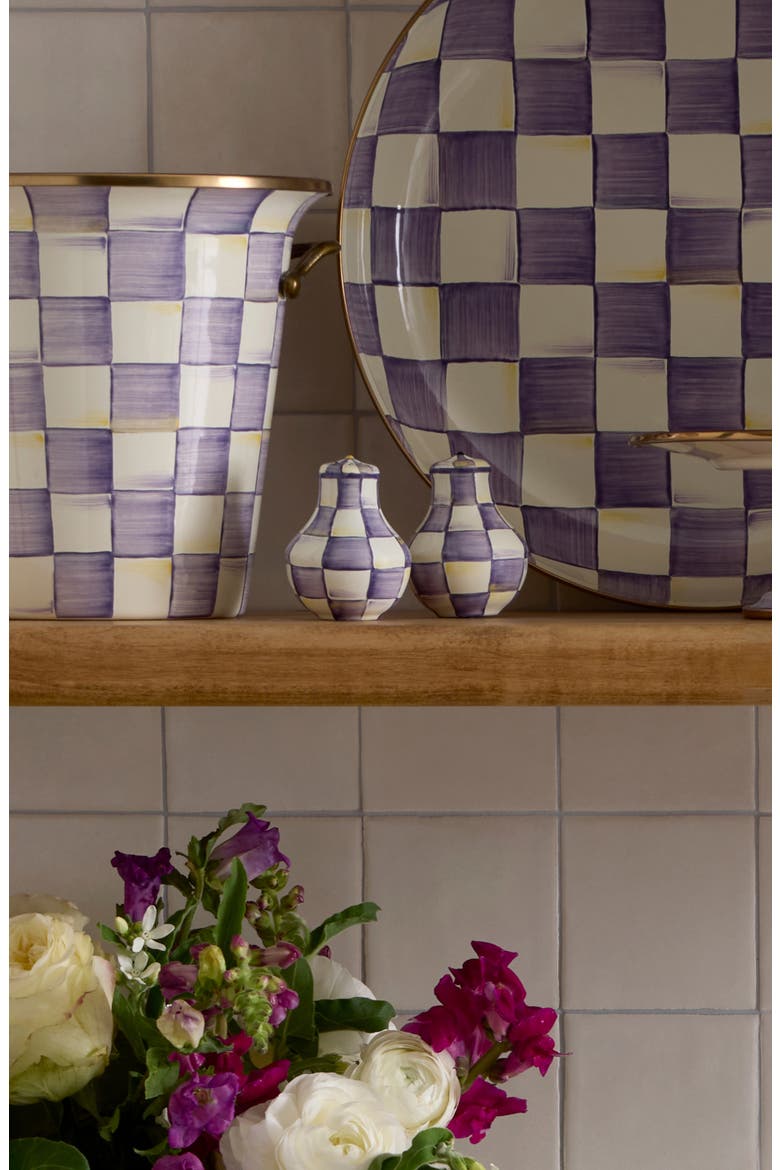 Violet Check Enamel Large Salt & Pepper Shaker Set, Alternate, color, VIOLET
