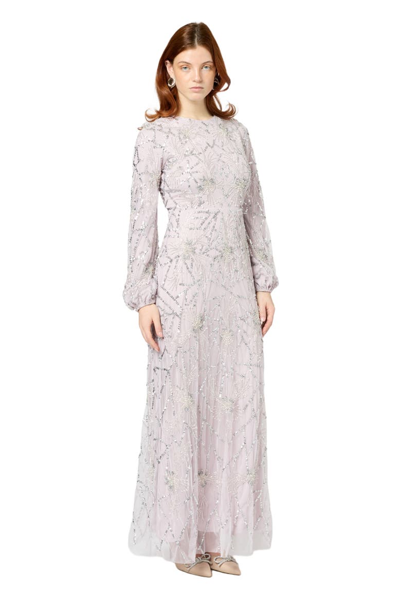 Modest Embellished Sequin Beaded Maxi Dress With Sleeve, Alternate, color, LILAC