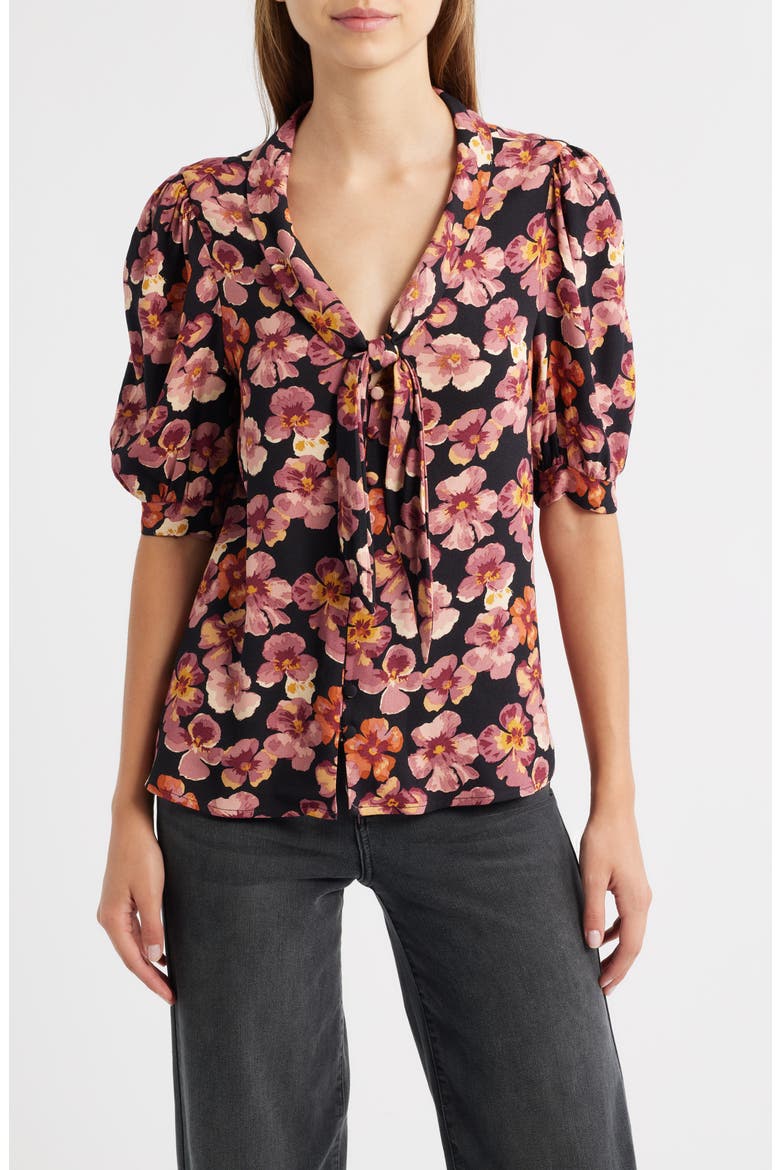 Joelle Floral Tie Neck Button-Up Top, Main, color, PANSY