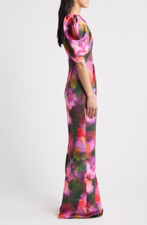 Black Halo Egan Puff Sleeve One-shoulder Gown In Rose Fields