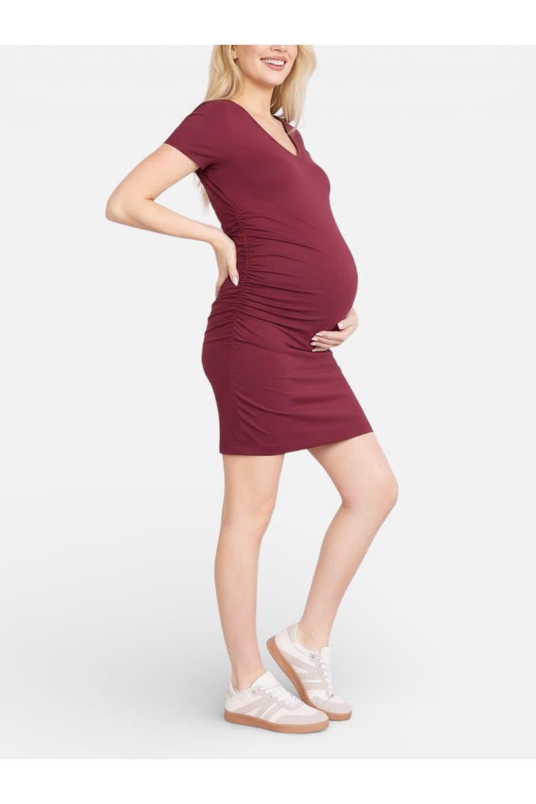 V-Neck Short Sleeve Side Ruched Bodycon Mini Dress, Alternate, color, Mauve Wine