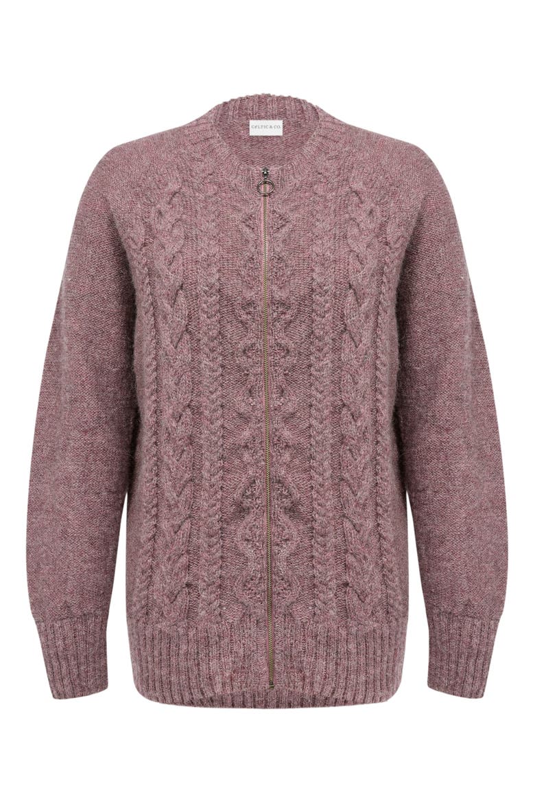 British Wool Cable Zip Cardigan, Main, color, DARK ROSE