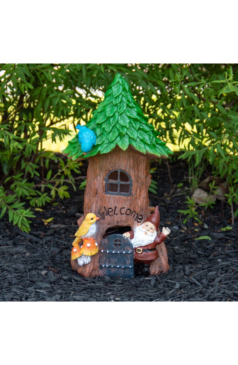 Northlight 14" Solar Lighted Welcome Gnome Tree House Outdoor Garden Statue, Alternate, color, Brown